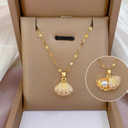Shell Pearl Necklace With Rhinestones Female Zircon Temperament Personality Jewelry