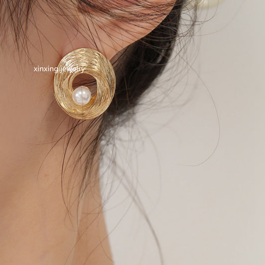 925 Silver Needle Metal Women's Vintage Thread Pearl Earrings