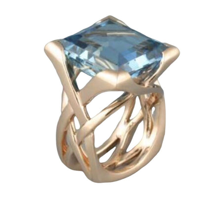 Fashion Diamond Hollow Gold Inlaid Square Blue Stone Personality Ring