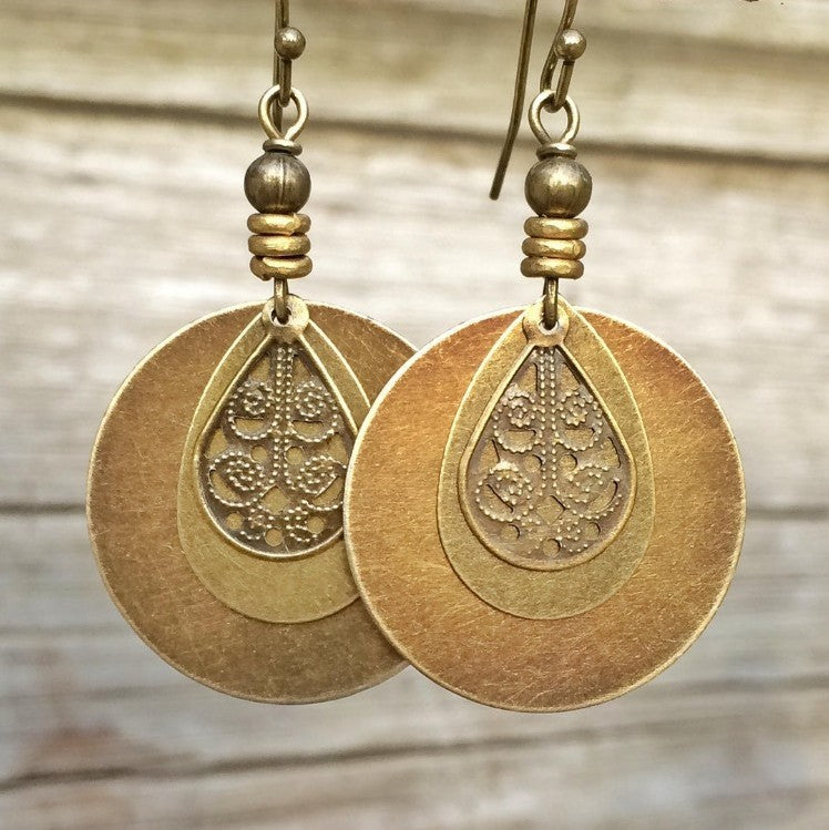 Bohemian Retro Ethnic Style Bronze Circle Carved Earrings