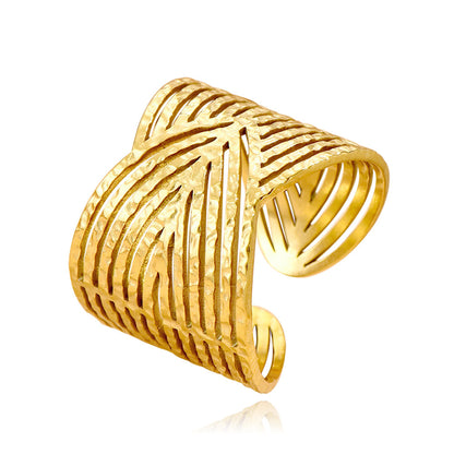 Elegant Retro Twin Style Wide Surface Stainless Steel Ring Female Adjustable