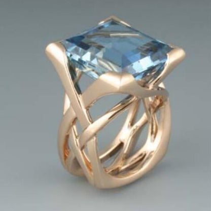Fashion Diamond Hollow Gold Inlaid Square Blue Stone Personality Ring