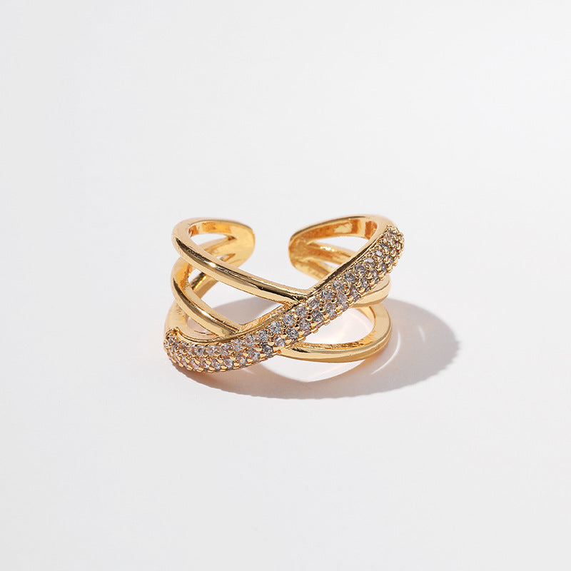 New European And American Zircon Three-layer Cross Ring For Women