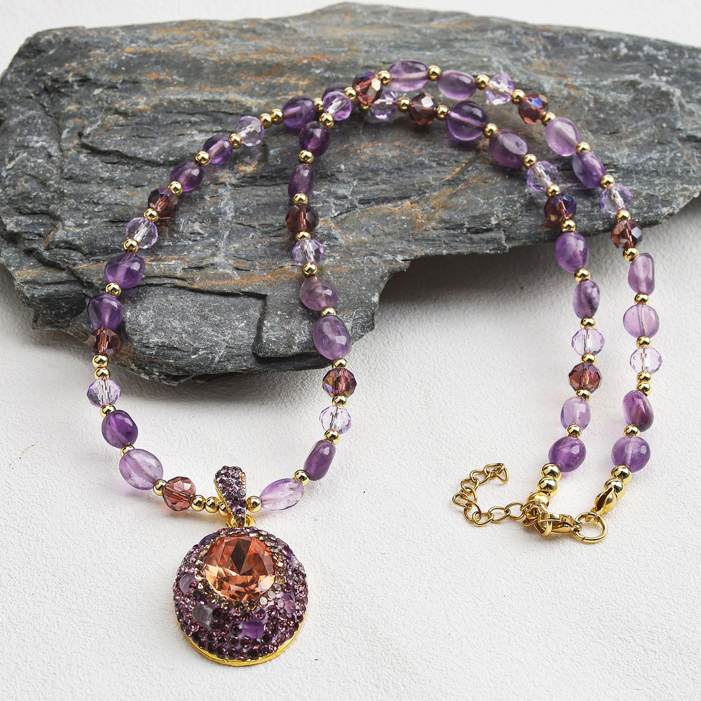 Boho Natural Stone Knotted Crystal Necklace