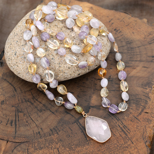 Boho Natural Stone Knotted Crystal Necklace