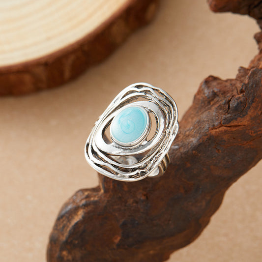 Round Hollow Retro Minority Design Blue Gemstone Ring