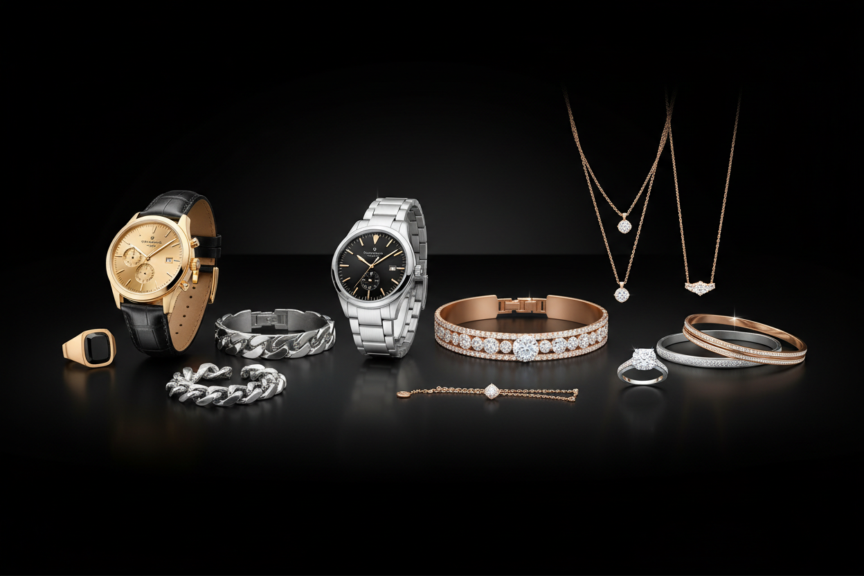 "A fully original, high‑end promotional banner for the homepage of a luxury accessories store (men’s and women’s accessories). Ultra‑realistic 4K quality. Elegant black background. Professional advertising style. Dramatic lighting highlighting premium gold and silver jewelry pieces. Sharp reflections, rich textures, and a luxurious atmosphere. No text."