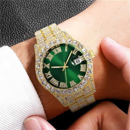 Diamond Roman Steel Belt Calendar Men's Quartz Watch