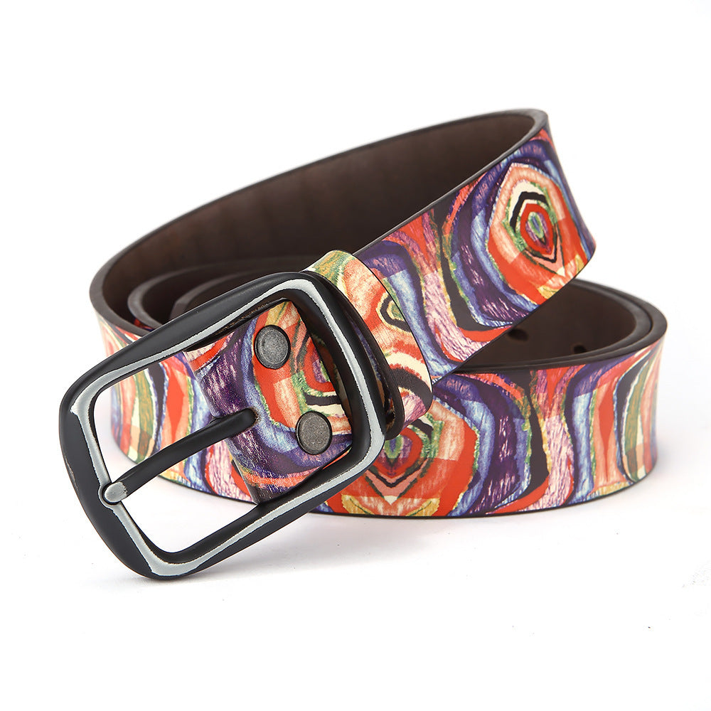 Pure Cowhide Printed Rainbow Graffiti Leather Decorative Belt