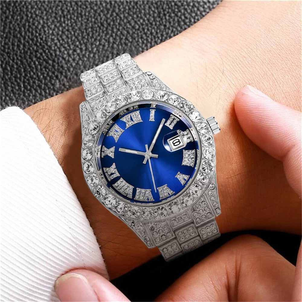 Diamond Roman Steel Belt Calendar Men's Quartz Watch