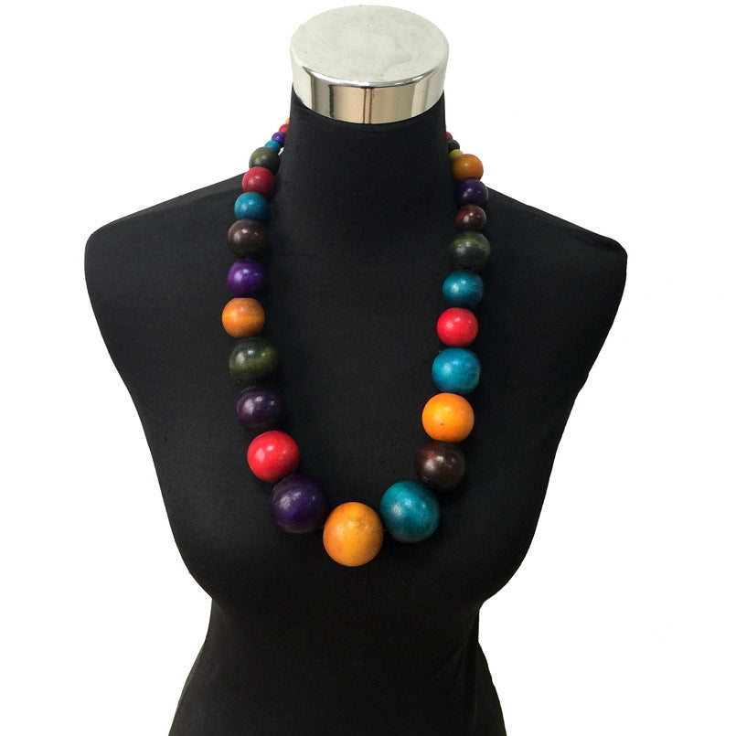 European And American Fashion Wooden Bead Long Necklace Bohemian Women's Colorful Large Beaded Pendant Necklace