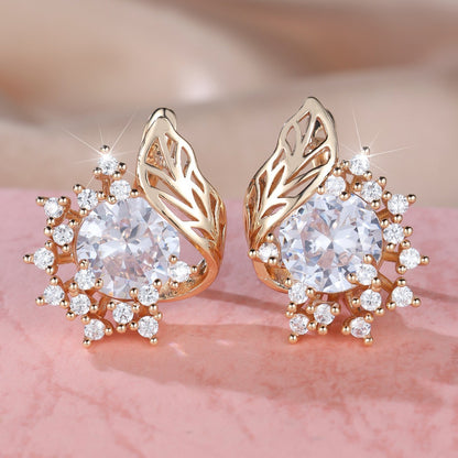 Round Flowers Feather Zircon Earrings Female Personality Fashion High Sense