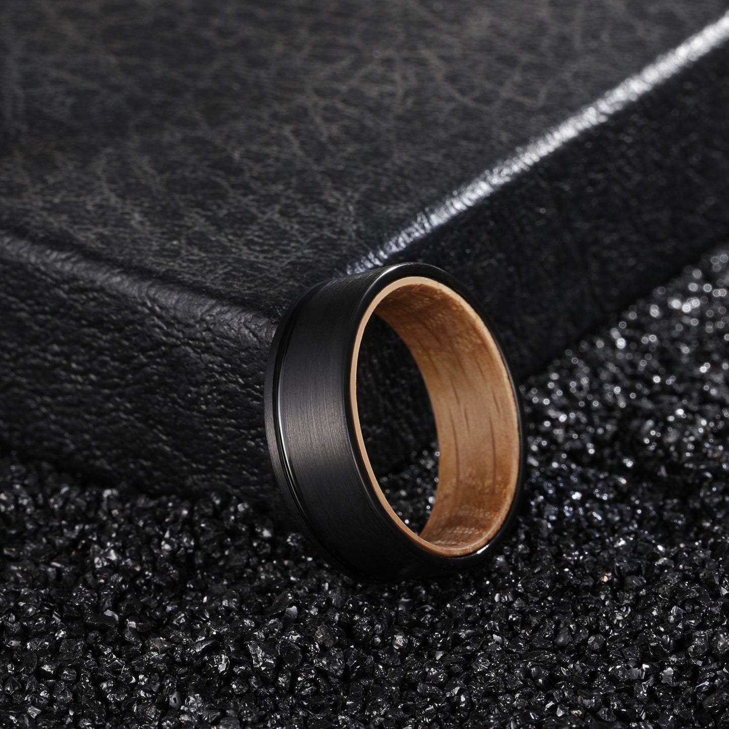 Men's Groove Ring 8mm Black Tungsten Steel Wine Barrel Wood