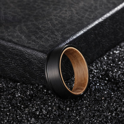 Men's Groove Ring 8mm Black Tungsten Steel Wine Barrel Wood