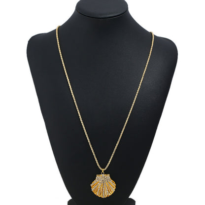 Metal Fan Shell Rhinestone Long Necklace