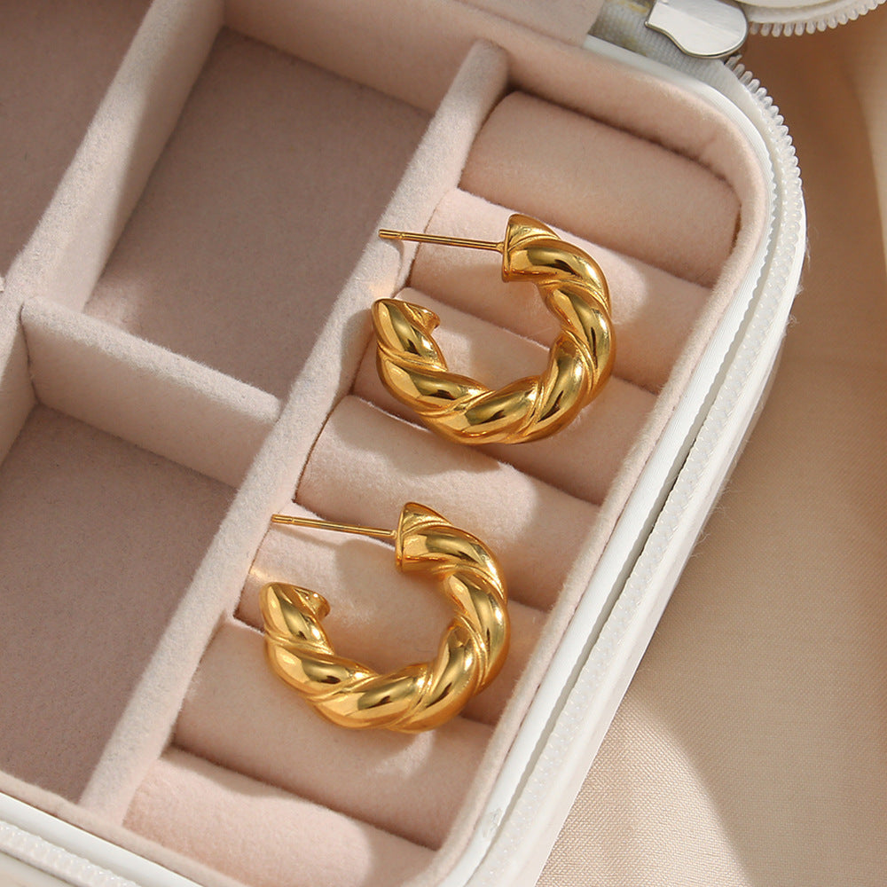Simple Stainless Steel 18K Gold Plated Solid Fried Dough Twists Earrings