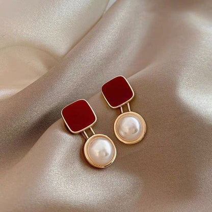 Red Blue Blocks Pearl Stud Earrings Ins French Simplicity
