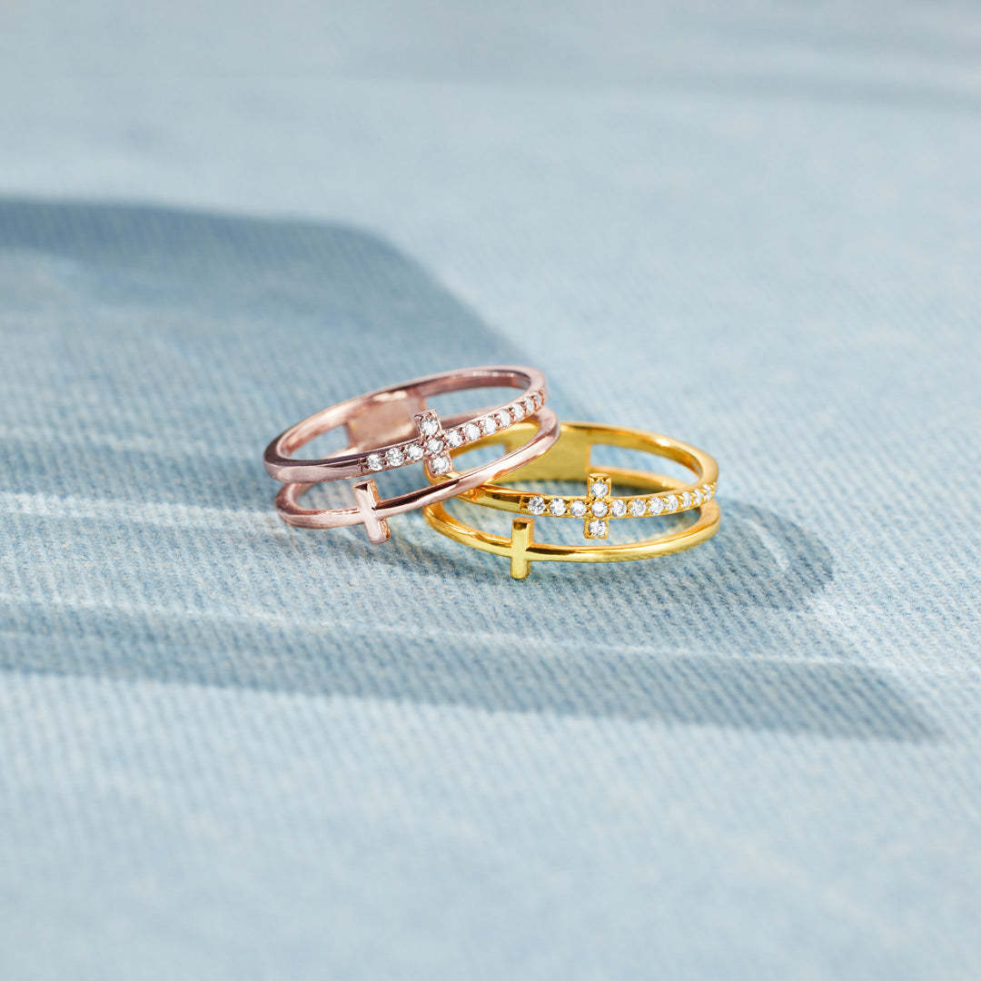 S925 Sterling Silver Cross Ring Women's Double Set Zircon