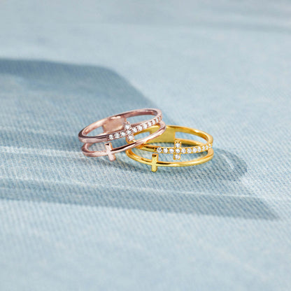S925 Sterling Silver Cross Ring Women's Double Set Zircon