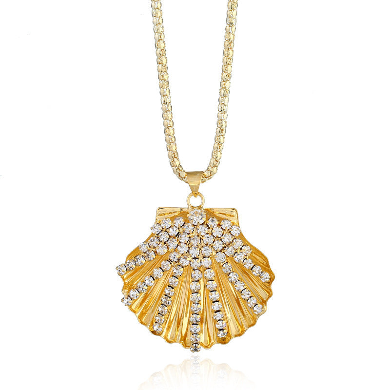 Metal Fan Shell Rhinestone Long Necklace