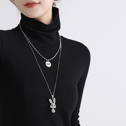 Double Decorative Titanium Steel Necklace Light Luxury Niche Long Diamond Rabbit Pendant Letter Necklace