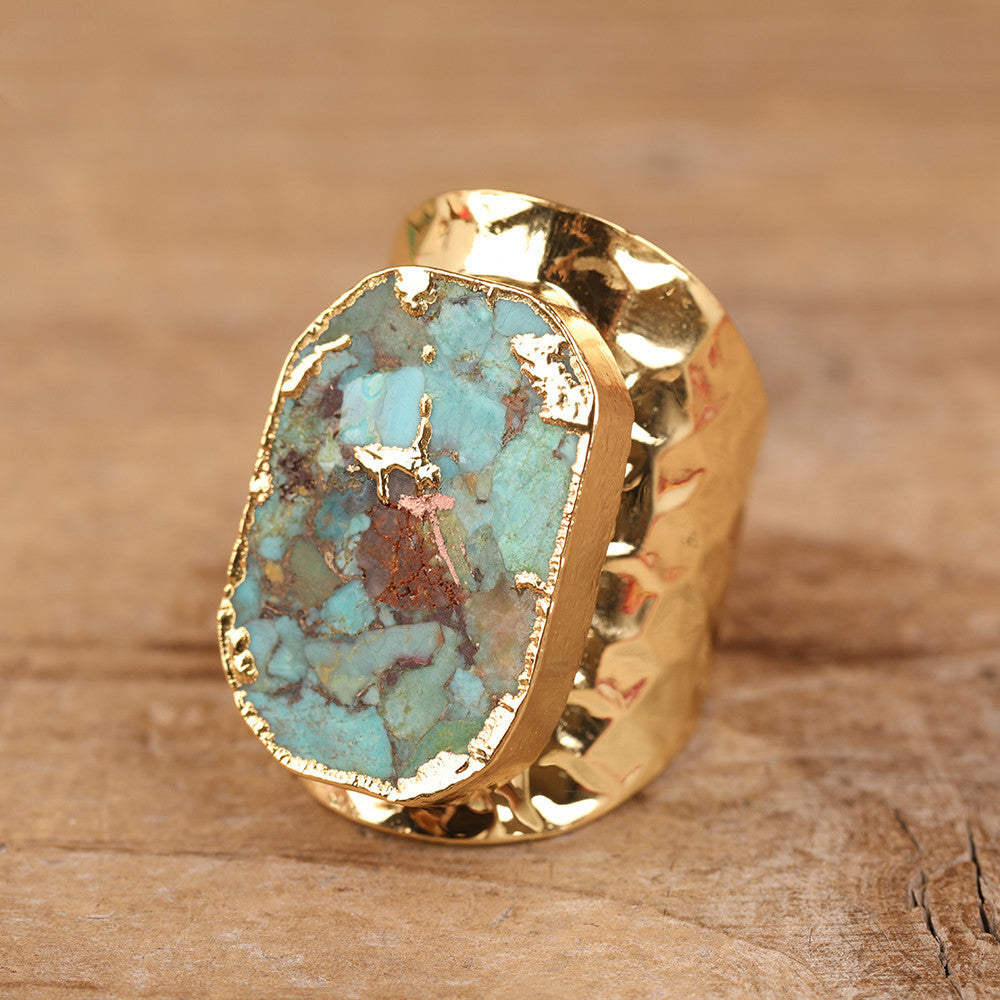 Natural Gold Turquoise Stone Bead Ring