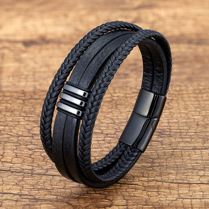 Casual Leather Stainless Steel Magnet Buckle Braided Bracelet