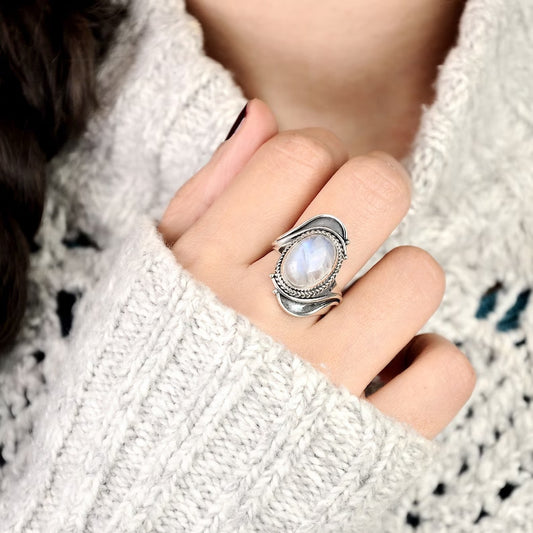 Mingcheng Bohemian Geometric Pattern Moonstone Ring