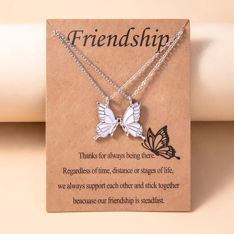 1 Pair Butterfly Pendant Necklace For Women Girls Sisters Friends With Inspirational Friendship Card