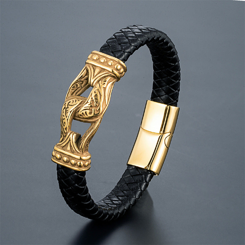 Stainless Steel Jewelry Double Stirrup Tibetan Men's Authentic Leather Weave Bracelet