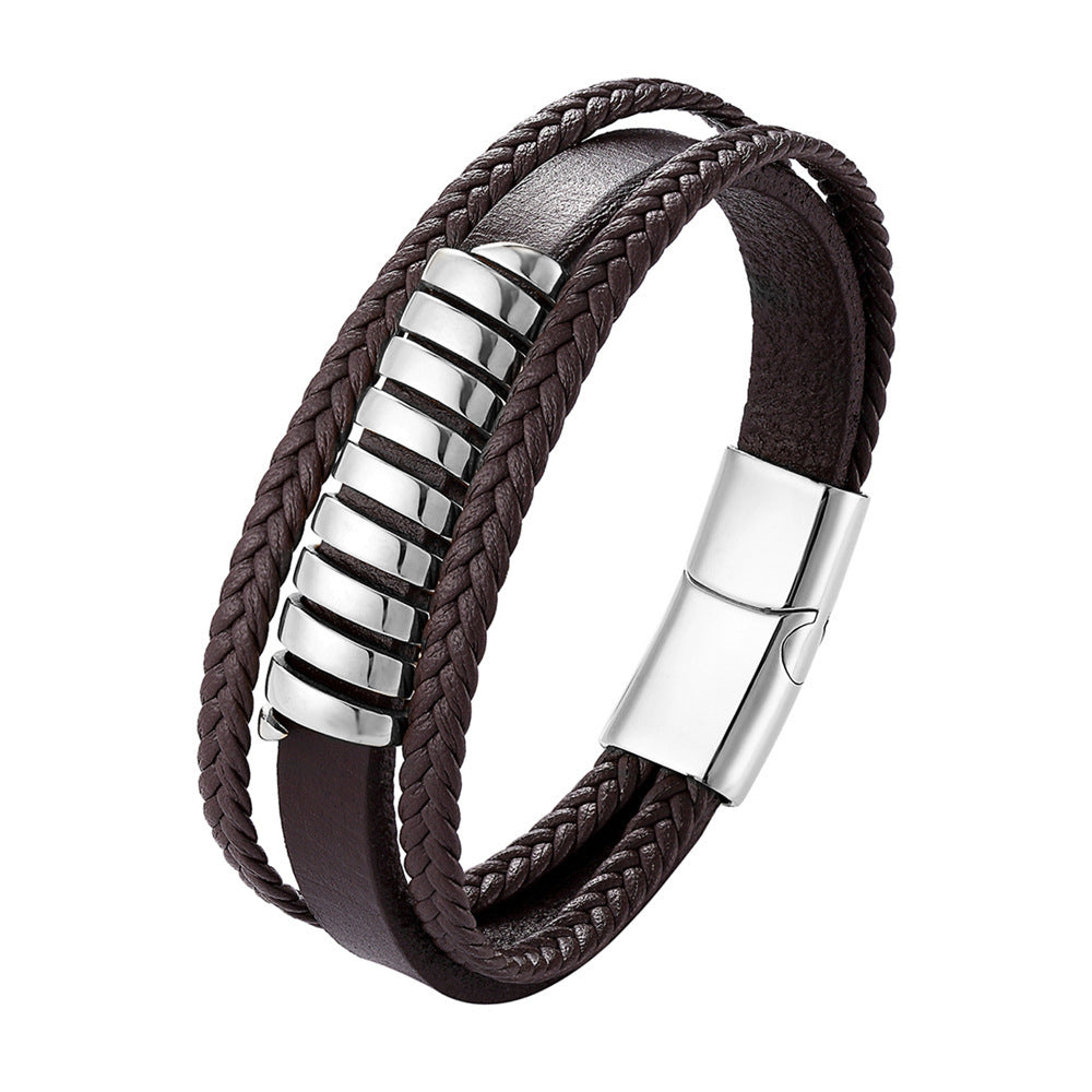 Men's Stainless Steel Magnet Buckle Multilayer Leather Hand Strap