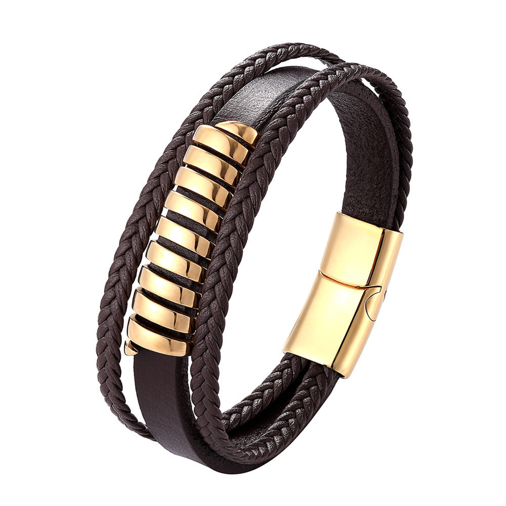 Men's Stainless Steel Magnet Buckle Multilayer Leather Hand Strap