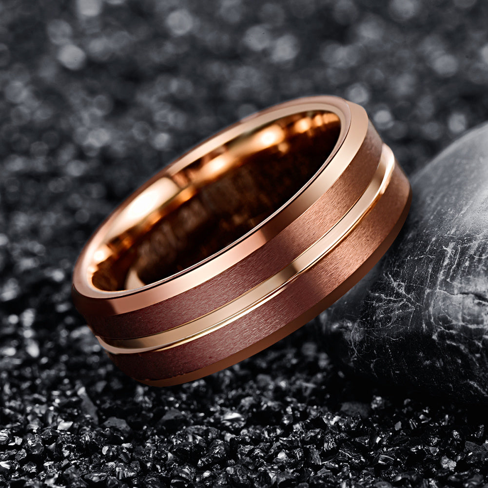 Brown Rose Gold Middle Groove Beveled Tungsten Steel Ring