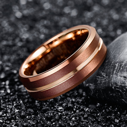 Brown Rose Gold Middle Groove Beveled Tungsten Steel Ring