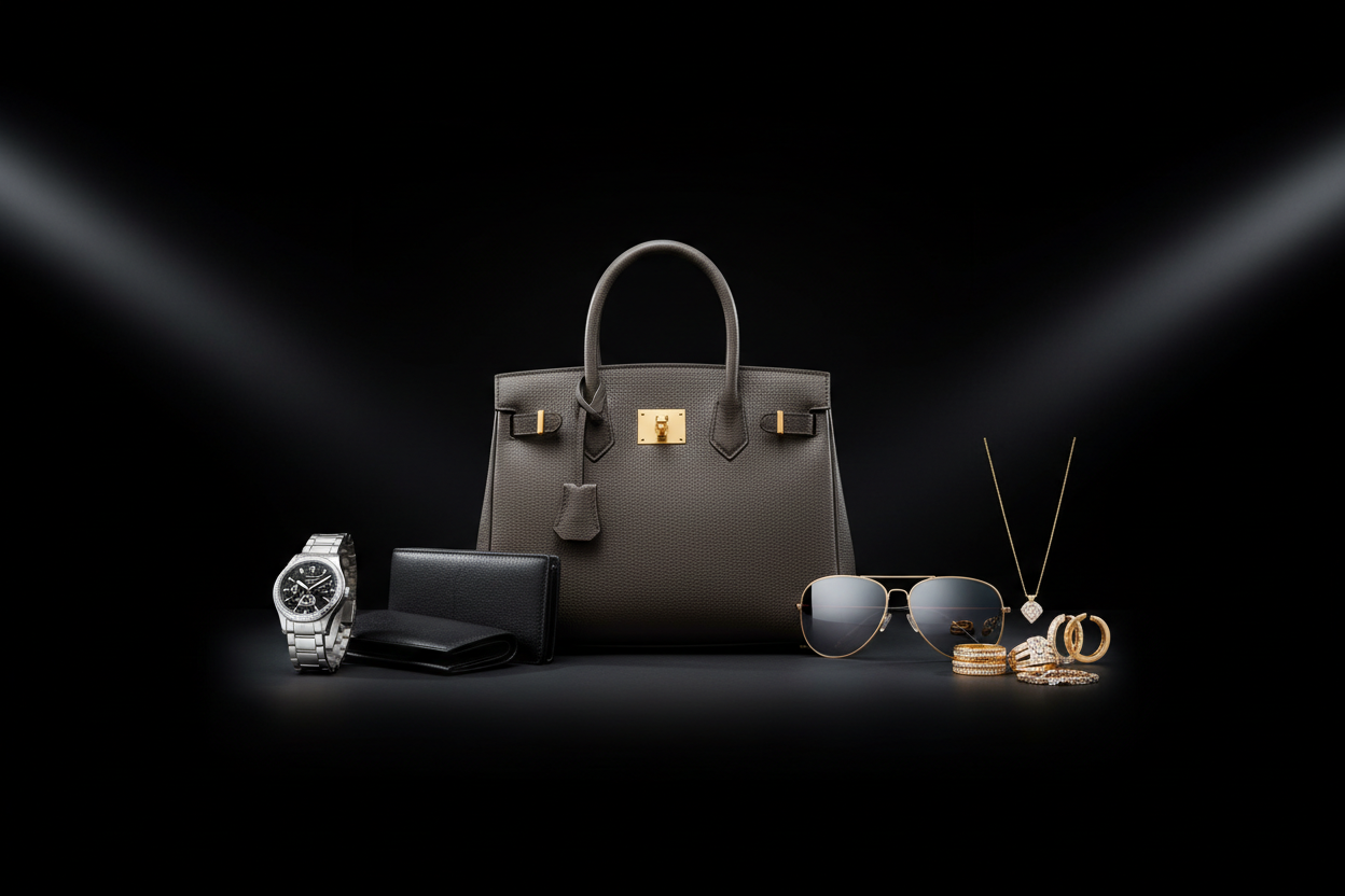 I need a realistic and eye-catching banner image for the homepage of Mishland Gallery, a women's and men's accessories, watches, bags, and other related items. The design should be 100% authentic and attention-grabbing, using a professional advertising and promotional style, with a black background and no added text.